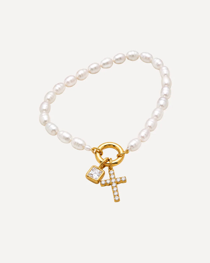 Olivia Birthstone Cross Bracelet with Pearls