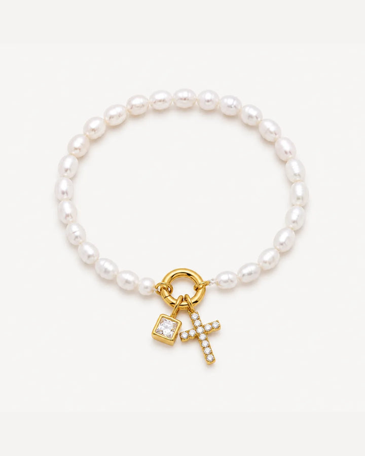 Olivia Birthstone Cross Bracelet with Pearls