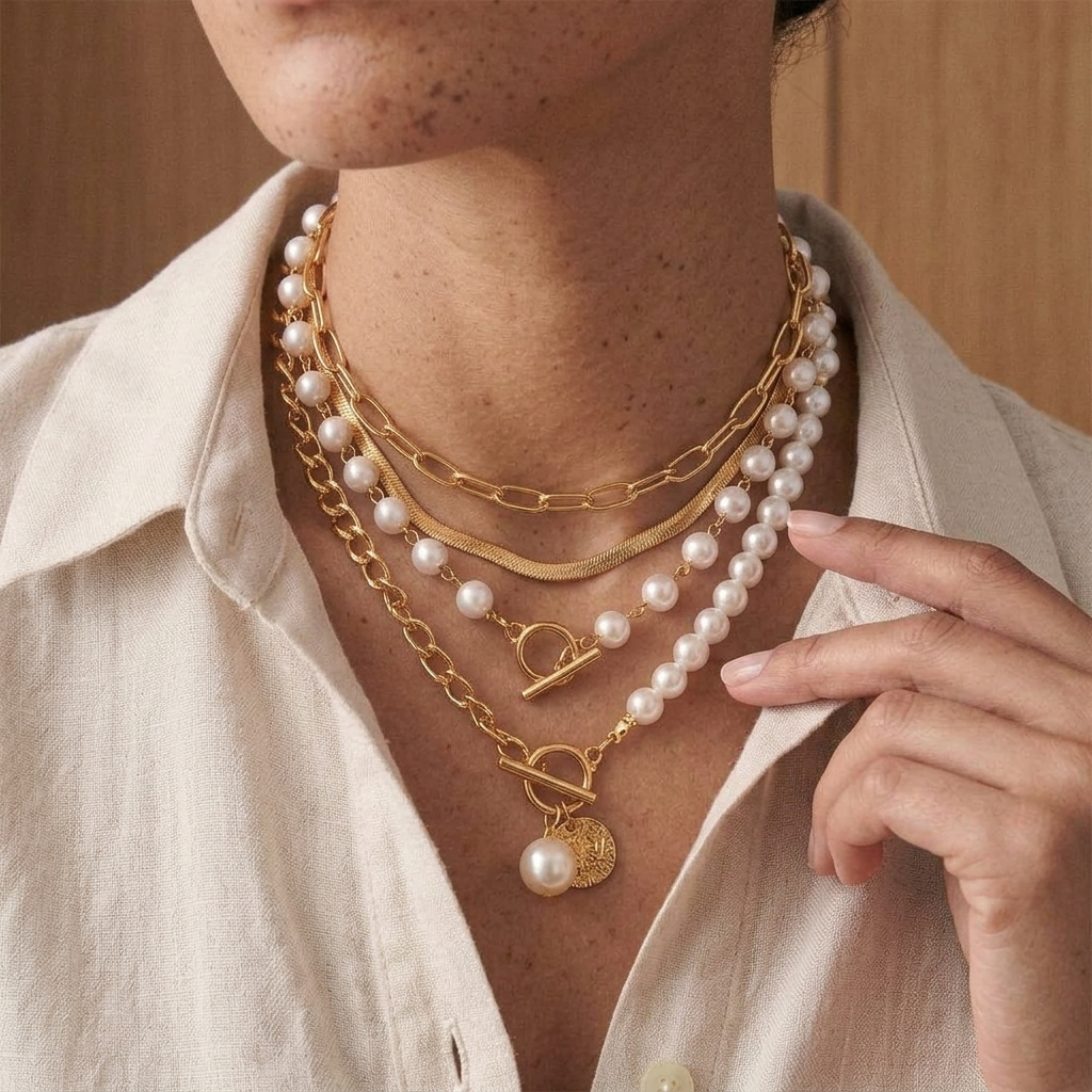 Vintage Pearl & Gold Snake Chain Necklace Set