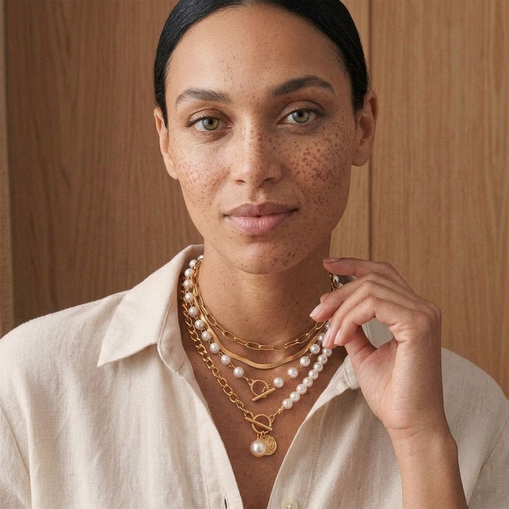 Vintage Pearl & Gold Snake Chain Necklace Set