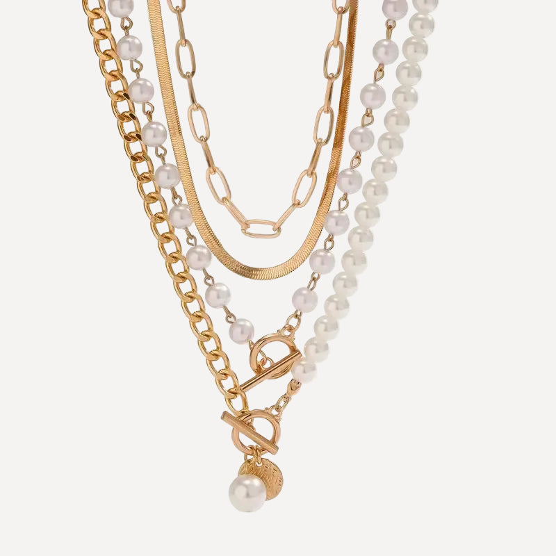 Vintage Pearl & Gold Snake Chain Necklace Set