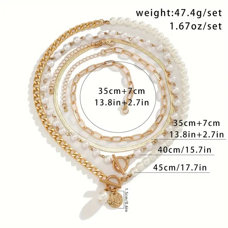 Vintage Pearl & Gold Snake Chain Necklace Set